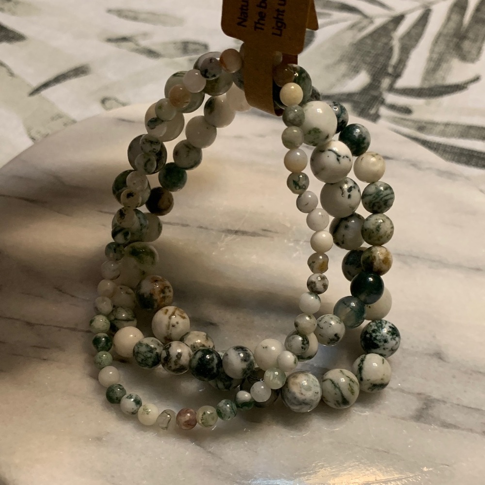 Natural Stone Tree Pattern Agate Set of 3 Beaded Bracelets